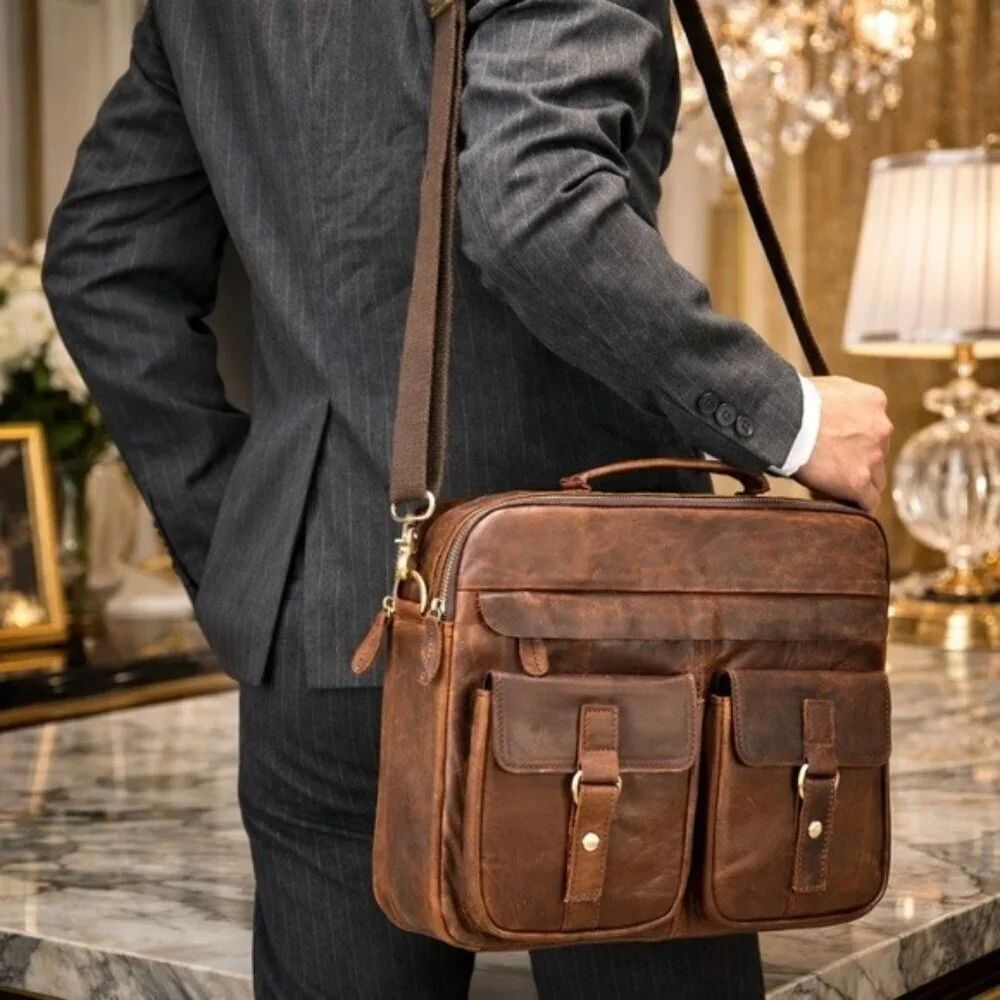 Men’s Brown Leather Briefcase Laptop Messenger Bag Vintage Work Business Satchel